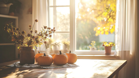 A cozy dining table near a window, decorated with pumpkins in a warm, sunlit room. Autumn vibes fill the space, with soft natural light streaming in from outside.の素材