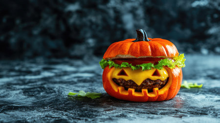 A creatively designed pumpkin-shaped burger for Halloween, sitting on a textured stone background. Perfect for festive holiday meal ideas.の素材