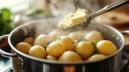 A close-up of boiled potatoes steaming in a pot, a masher poised above, with butter and seasonings on the side, shot in a well-lit, modern kitchenの素材