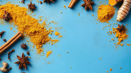 A flat lay of turmeric powder, fresh roots, cinnamon, and star anise on a bright blue surface. The vibrant colors and open composition offer room for copy spaceの素材