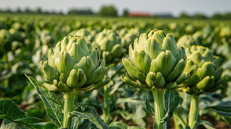 A field of ripe artichokes on a slow food farm in Germany, their green bulbs standing tall among natural surroundings. Farm-to-table organic agriculture.の素材