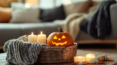 A cozy living room with a wicker basket filled with pumpkins, Jack's Pumpkin, and candles on a wooden table. The perfect autumn decor for a warm Halloween atmosphere.の素材