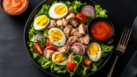 A crisp cos lettuce salad with tuna, boiled eggs, tomatoes, onions, and croutons, served in a bowl with dipping sauce, beautifully displayed on a black background for clean eating.の素材