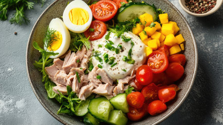 A healthy salad bowl with tuna meat, boiled eggs, fresh vegetables, and a creamy sauce, garnished with herbs, creating a vibrant and balanced meal.の素材
