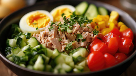 A healthy salad bowl with tuna meat, boiled eggs, fresh vegetables, and a creamy sauce, garnished with herbs, creating a vibrant and balanced meal.の素材