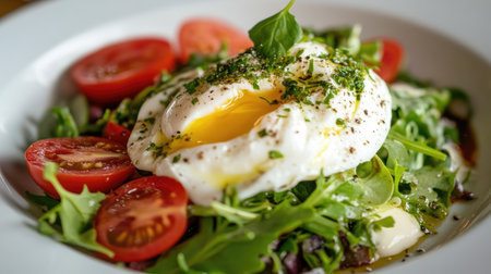A gourmet dish with creamy mozzarella slices and a poached egg, served atop a bed of fresh greens and tomatoes, lightly dressed with vinaigrette for a luxurious salad.の素材