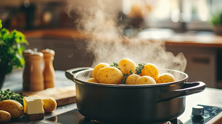 A kitchen scene with boiled potatoes in a pot, steam rising as they await mashing, butter and herbs nearby, creating a warm, cozy environmentの素材