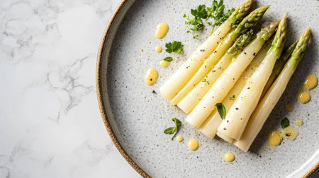 A modern plate featuring steamed white asparagus with a garnish of herbs, captured in a minimalist layout with space for copyの素材