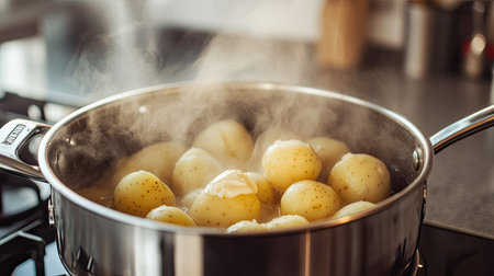 A pot filled with boiled potatoes, perfectly cooked, ready to be mashed with butter and salt, soft steam rising, with a kitchen counter in the backgroundの素材