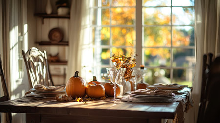 A rustic dining table set with pumpkins by a window in a warm, sunlit room. The fall decor creates a welcoming seasonal ambiance.の素材