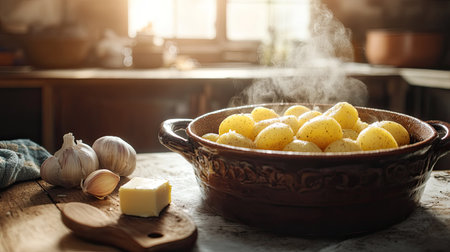 A rustic kitchen scene with boiled potatoes in a ceramic pot, steam rising, ready for mashing with butter and garlic beside them, warm lightingの素材