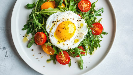 A refined gourmet salad with creamy mozzarella, a delicate poached egg, arugula, and cherry tomatoes, topped with a light vinaigrette, served on a minimalist white plate.の素材