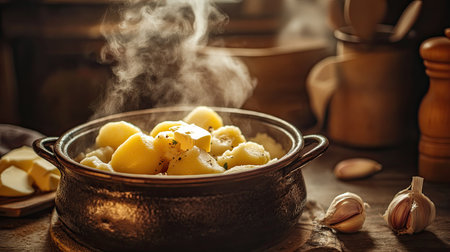 A rustic kitchen scene with boiled potatoes in a ceramic pot, steam rising, ready for mashing with butter and garlic beside them, warm lightingの素材