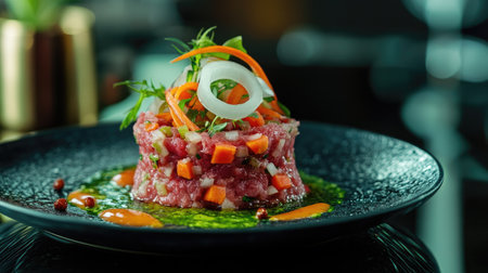A vibrant tartare beef flower circle salad on a green plate, garnished with onion, salad, and carrot, placed on a sleek black reflective table in a fine dining setting.の素材
