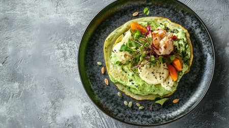 A sophisticated plate of green crepes with crab, avocado mousse, and hollandaise sauce, accented with microgreens and pumpkin seeds, set on a gray concrete surface.の素材