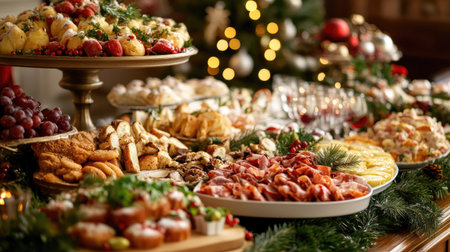A variety of festive Christmas appetizers arranged on a beautifully decorated table, capturing the essence of holiday celebrations with seasonal decor and warm lighting.の素材