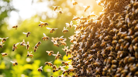 A swarm of bees buzzing at the entrance of a busy beehive, flying through the spring air, capturing the energy and movement of a healthy honey bee colony.の素材