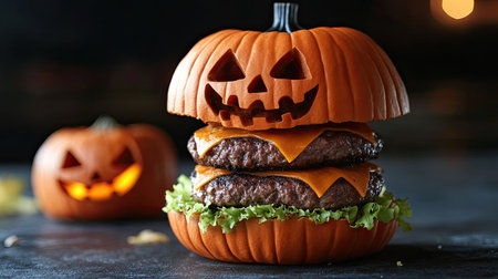 A spooky Halloween burger with a pumpkin-shaped roll and double beef patties, set for a fun and eerie holiday celebration.の素材