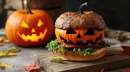 A spooky Halloween pumpkin burger on a natural wooden board, designed for a creepy party feast. Unique and festive Halloween food inspiration.の素材