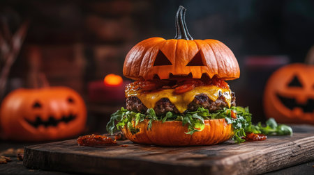 A spooky Halloween pumpkin burger on a natural wooden board, designed for a creepy party feast. Unique and festive Halloween food inspiration.の素材