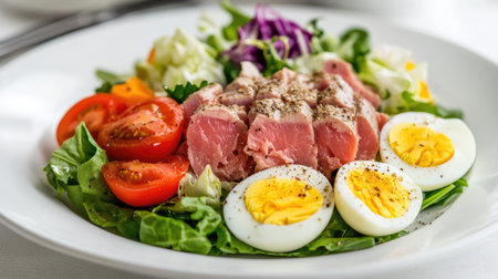 A wholesome salad featuring fresh tuna, boiled eggs, and a medley of vibrant vegetables, drizzled with a healthy dressing and served on a clean white plate.の素材