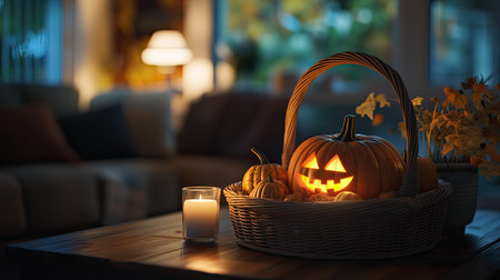 A wicker basket of pumpkins and Jack's Pumpkin, illuminated by candlelight, resting on a wooden table in a warm and welcoming living room for Halloween.の素材