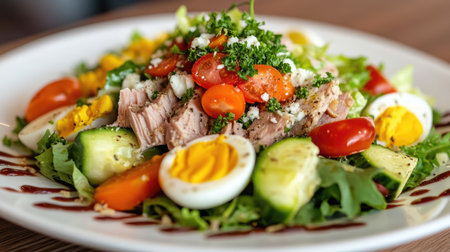 A wholesome salad featuring fresh tuna, boiled eggs, and a medley of vibrant vegetables, drizzled with a healthy dressing and served on a clean white plate.の素材