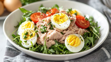 A white bowl filled with fresh tuna salad, topped with boiled eggs, greens, and tomatoes, creating a visually appealing healthy meal.の素材