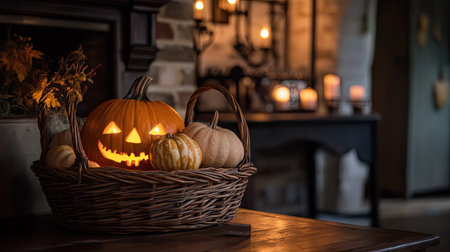 A wicker basket filled with pumpkins and Jack's Pumpkin, paired with glowing candles on a wooden table, creating a cozy and inviting Halloween atmosphere.の素材