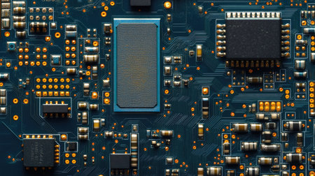 Close-up view of a wireless audio circuit board, highlighting its microchips and fine soldering, against a white background.の素材