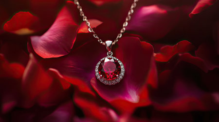 Close-up of a ruby pendant necklace resting on a bed of fresh flower petals, with soft lighting creating a romantic and luxurious atmosphereの素材