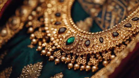 Close-up of a traditional Indian gold necklace with gemstone accents, showcasing rich craftsmanship and luxury against a velvet backgroundの素材