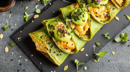 Colorful green crepes filled with crab meat, avocado mousse, and hollandaise sauce, garnished with microgreens and pumpkin seeds on a gray concrete background. A gourmet fine dining snack.の素材