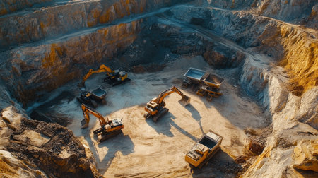 Heavy machinery, including trucks and excavators, operating in a limestone quarry, extracting resources in a vast open pit mineの素材