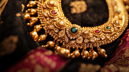 Close-up of a traditional Indian gold necklace with gemstone accents, showcasing rich craftsmanship and luxury against a velvet backgroundの素材