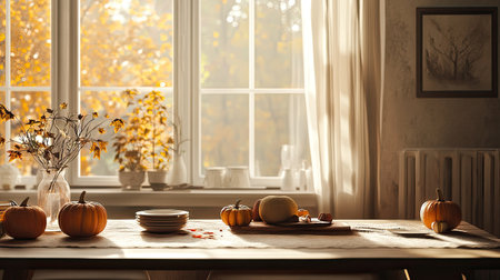 Cozy autumn scene with a dining table decorated with pumpkins by a large window. Soft natural light bathes the space, highlighting the seasonal charm.の素材