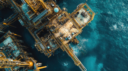 Helicopter view of a central production platform in Indonesia, showcasing the vast scale and complexity of offshore oil productionの素材