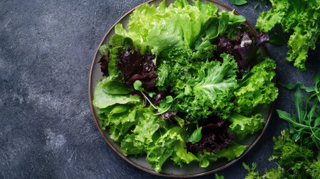 Healthy salad featuring green lettuce leaves and natural greens on a plate, perfect for a nutritious meal. The vibrant colors highlight the freshness of the ingredients.の素材