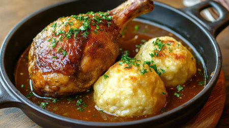 Hearty baked duck leg with golden dumplings, served with a side of gravy and garnished with fresh herbs. The crispy skin contrasts beautifully with the fluffy dumplings.の素材