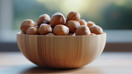 Healthy snack concept featuring a wooden bowl filled with hazelnuts, symbolizing the benefits of nuts in a balanced and nutritious dietの素材