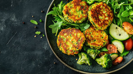 Healthy vegan broccoli and zucchini fritters served on a rustic plate with a side of fresh salad. The vibrant green vegetables add color and nutrition to this plant-based mealの素材