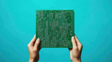 Computer hardware specialist holding a green circuit board, isolated on a blue background, symbolizing technology and repair work.の素材
