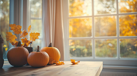 Cozy autumn scene with a dining table decorated with pumpkins by a large window. Soft natural light bathes the space, highlighting the seasonal charm.の素材