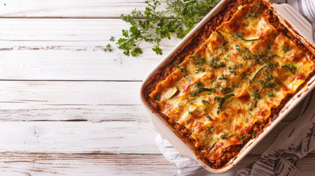 Healthy zucchini lasagna with layers of bolognese sauce in a baking dish, on a white wooden background, sprinkled with fresh herbs, top view, selective focusの素材