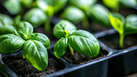 Close-up view of tiny basil plants in a seed tray, with vibrant green leaves and moist soil, ready for planting in a home garden.の素材