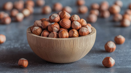 Healthy snack concept featuring a wooden bowl filled with hazelnuts, symbolizing the benefits of nuts in a balanced and nutritious dietの素材