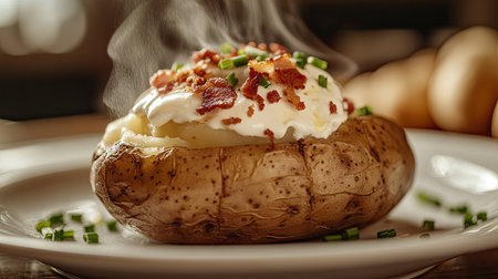 Close-up of a steaming baked potato with creamy butter and sour cream slowly melting, sprinkled with crispy bacon bits, and chives on a white ceramic dishの素材