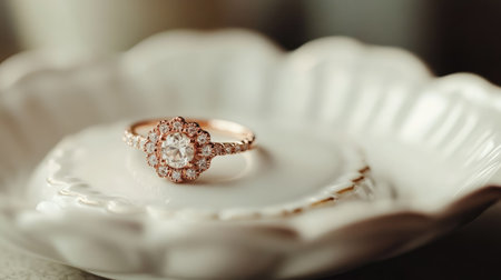 Close-up of a sparkling gemstone ring, adorned with a cluster of tiny diamonds, resting on a white porcelain dish, minimal yet luxurious presentationの素材