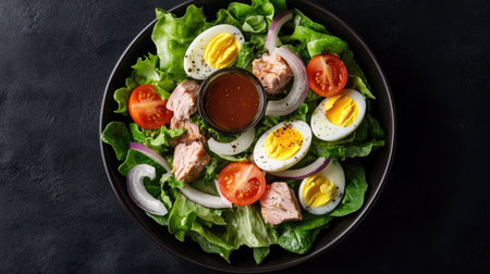 Healthy cos lettuce salad with boiled eggs, tuna, onions, tomatoes, and croutons, arranged in a bowl with dipping sauce on a black background, perfect for a clean food theme.の素材