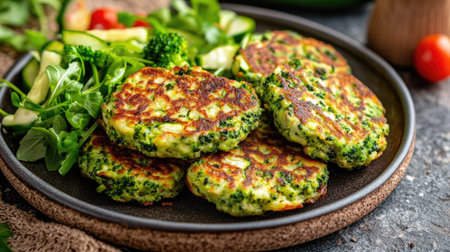 Healthy vegan broccoli and zucchini fritters served on a rustic plate with a side of fresh salad. The vibrant green vegetables add color and nutrition to this plant-based mealの素材